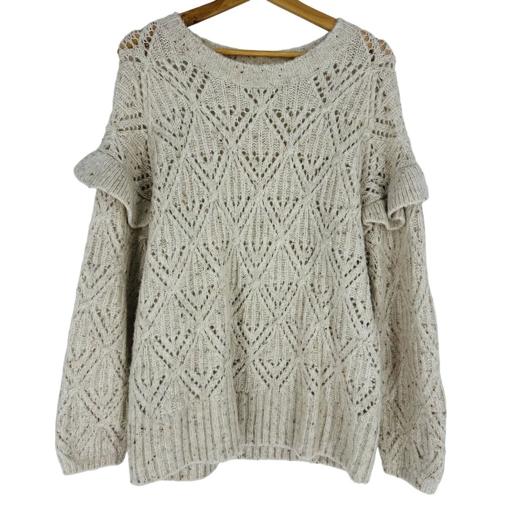 Old Navy Beige Ruffle Trim Pointelle Crew Neck Long Sleeve Cozy Knit Sweater L - Picture 4 of 10